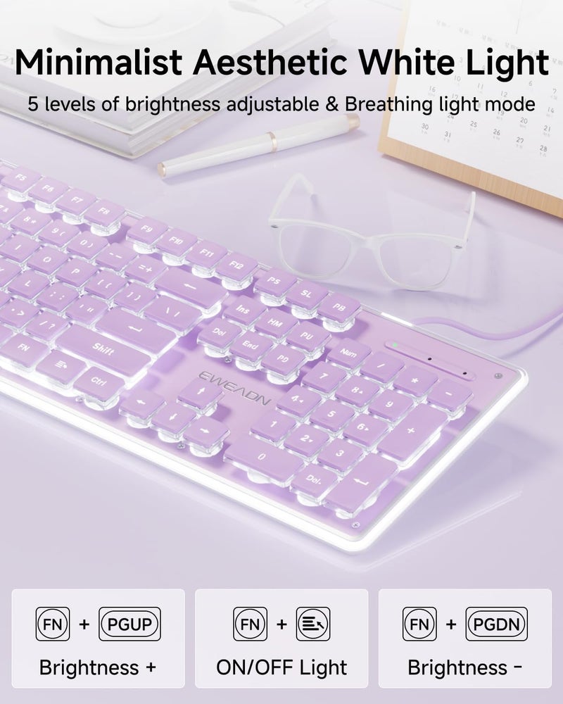 SEUNKWANG EWEADN GX710S Backlit Computer Keyboards, Wired USB Keyboard with White Backlit, Metal Panel, Plug and Play, Pudding Keycaps Full Size Quite Computer Keyboard for Win/PC/Laptop-Purple - Image 4
